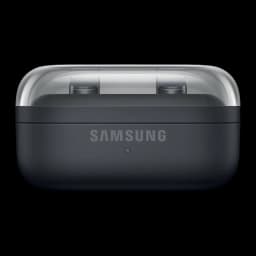 Samsung Galaxy Buds 4 SM-R540 preto, vista frontal: estojo aberto preto com tampa transparente e logo Samsung