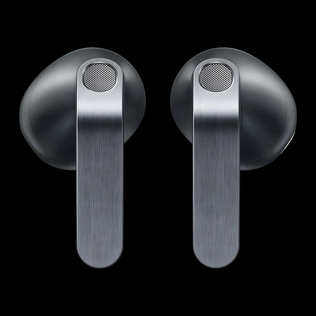 Samsung Galaxy Buds 4 SM-R540 preto, vista frontal: ambos auriculares com haste metálica escovada e grade de microfone