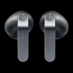 Samsung Galaxy Buds 4 SM-R540 preto, vista frontal: ambos auriculares com haste metálica escovada e grade de microfone