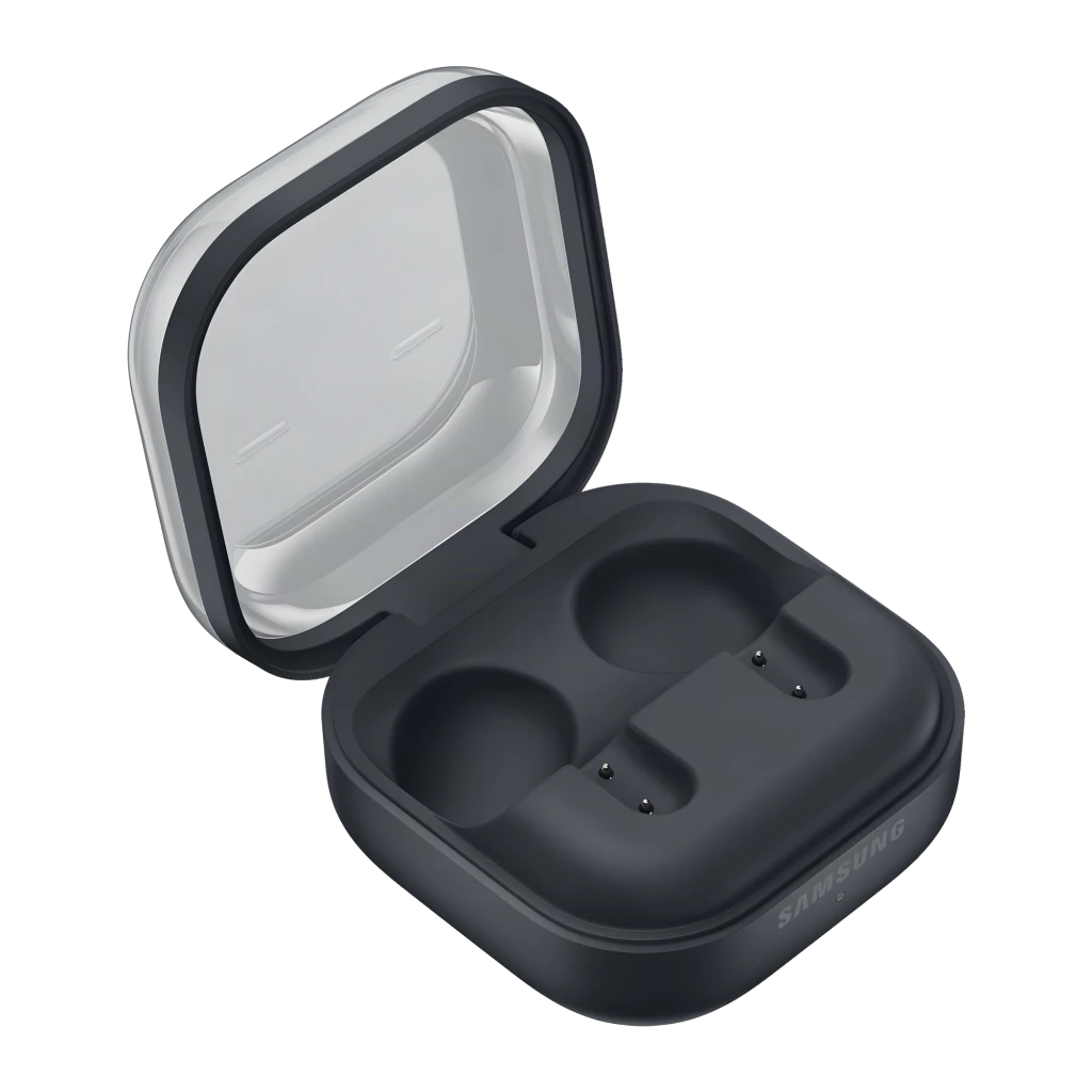 Samsung Galaxy Buds 4 SM-R540 negro, vista superior: estuche abierto con auriculares dentro y tallos metálicos plateados - Ítem7