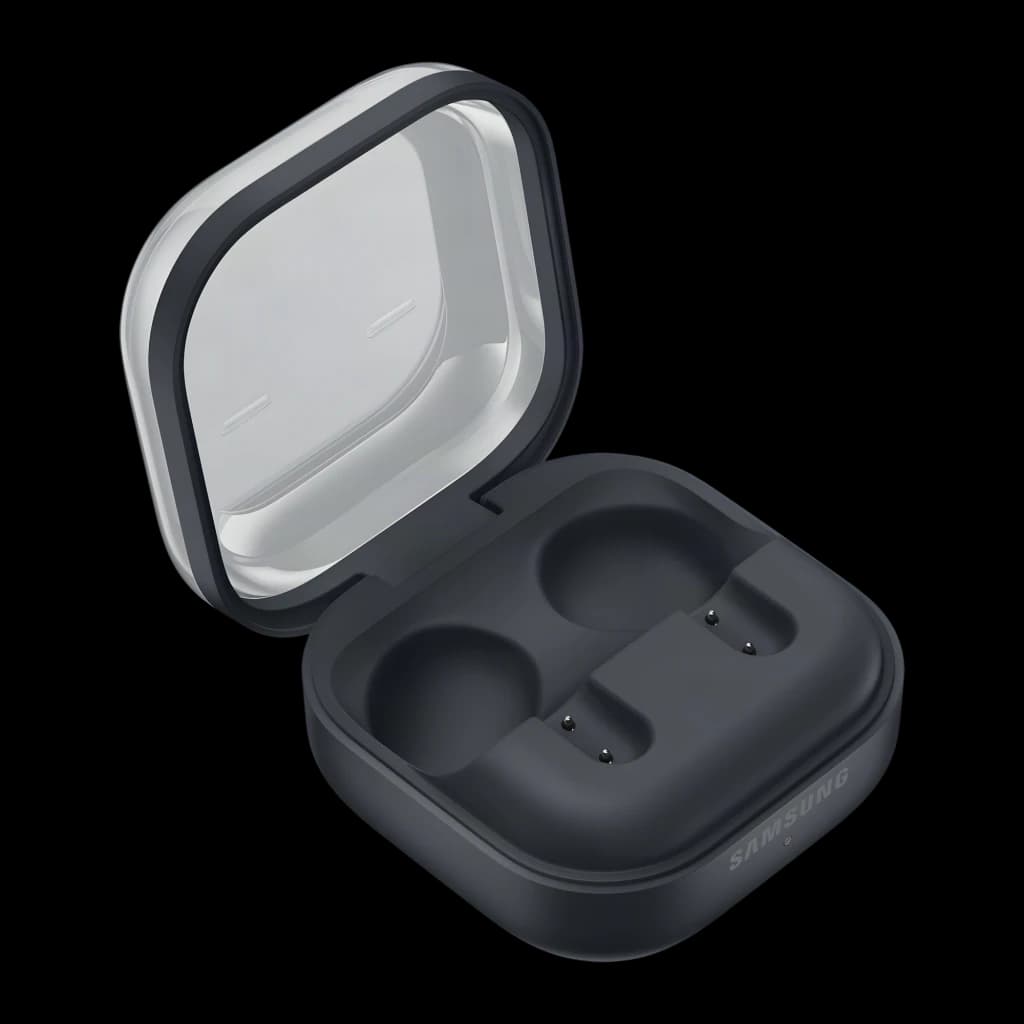 Samsung Galaxy Buds 4 SM-R540 preto, interior estojo aberto: cavidades de carregamento vazias e tampa transparente