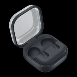 Samsung Galaxy Buds 4 SM-R540 preto, interior estojo aberto: cavidades de carregamento vazias e tampa transparente