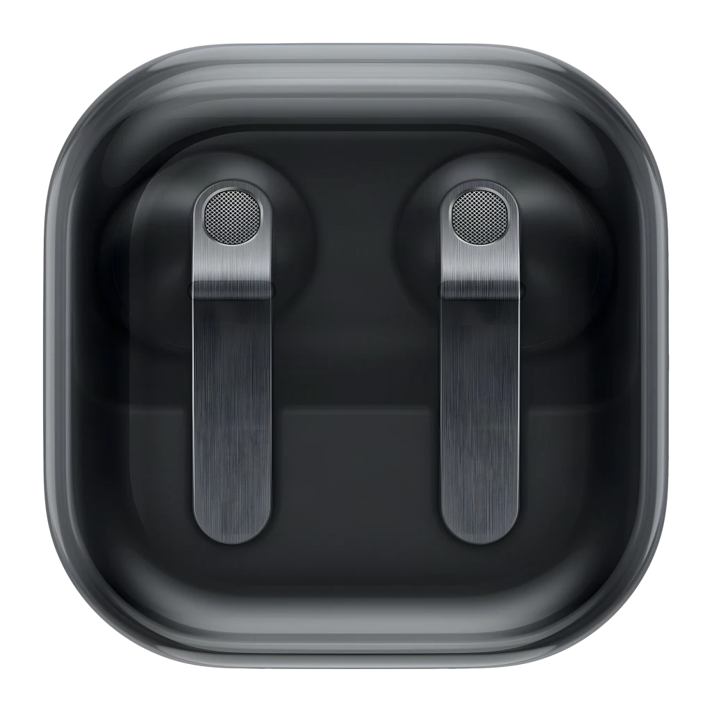Samsung Galaxy Buds 4 SM-R540 negro, vista superior: estuche abierto con auriculares dentro y tallos metálicos plateados - Ítem8