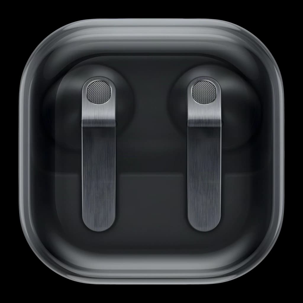 Samsung Galaxy Buds 4 SM-R540 preto, interior estojo aberto: auriculares alojados com hastes metálicas escovadas e grades