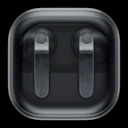 Samsung Galaxy Buds 4 SM-R540 preto, interior estojo aberto: auriculares alojados com hastes metálicas escovadas e grades