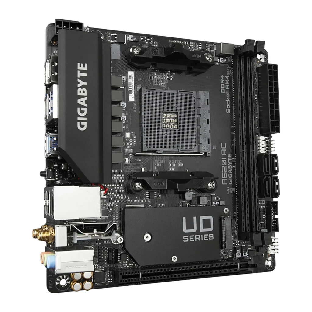GIGABYTE A520I AC Mini-ITX AM4 preto, vista frontal com caixa: placa-mãe e embalagem Ultra Durable juntas - Item2