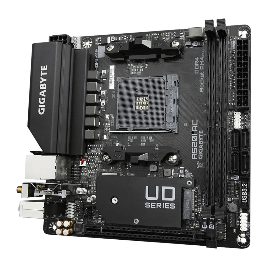 GIGABYTE A520I AC Mini-ITX AM4 preto, vista frontal com caixa: placa-mãe e embalagem Ultra Durable juntas - Item3