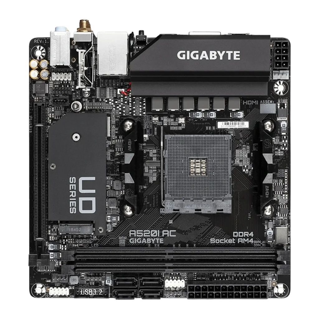 GIGABYTE A520I AC Mini-ITX AM4 preto, vista frontal com caixa: placa-mãe e embalagem Ultra Durable juntas - Item1