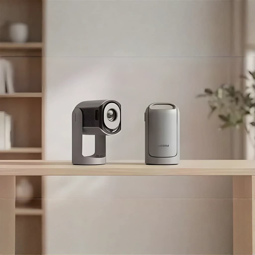 Philips NeoPix 156 Projector Cinza, vista frontal e traseira: projetor com lente visível ao lado da carcaça sobre mesa