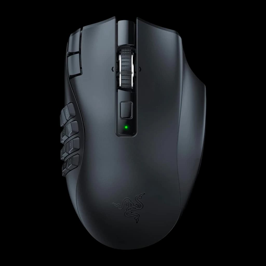 Razer Naga V2 Hyperspeed noir, vue du dessus: panneau latéral 12 boutons, molette et LED verte centrale