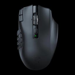Razer Naga V2 Hyperspeed noir, vue du dessus: panneau latéral 12 boutons, molette et LED verte centrale