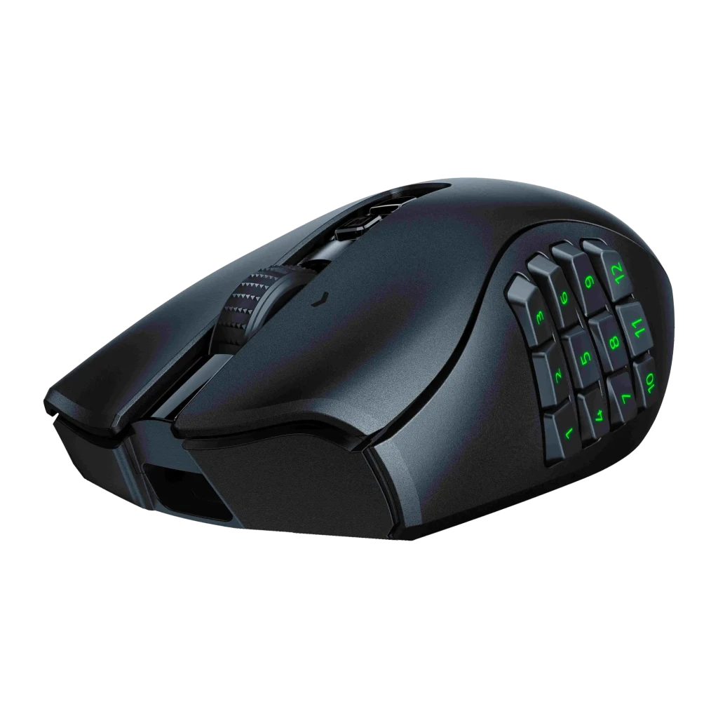 Razer Naga V2 Hyperspeed preto, vista superior: painel lateral com 12 botões, roda e LED verde central - Item4