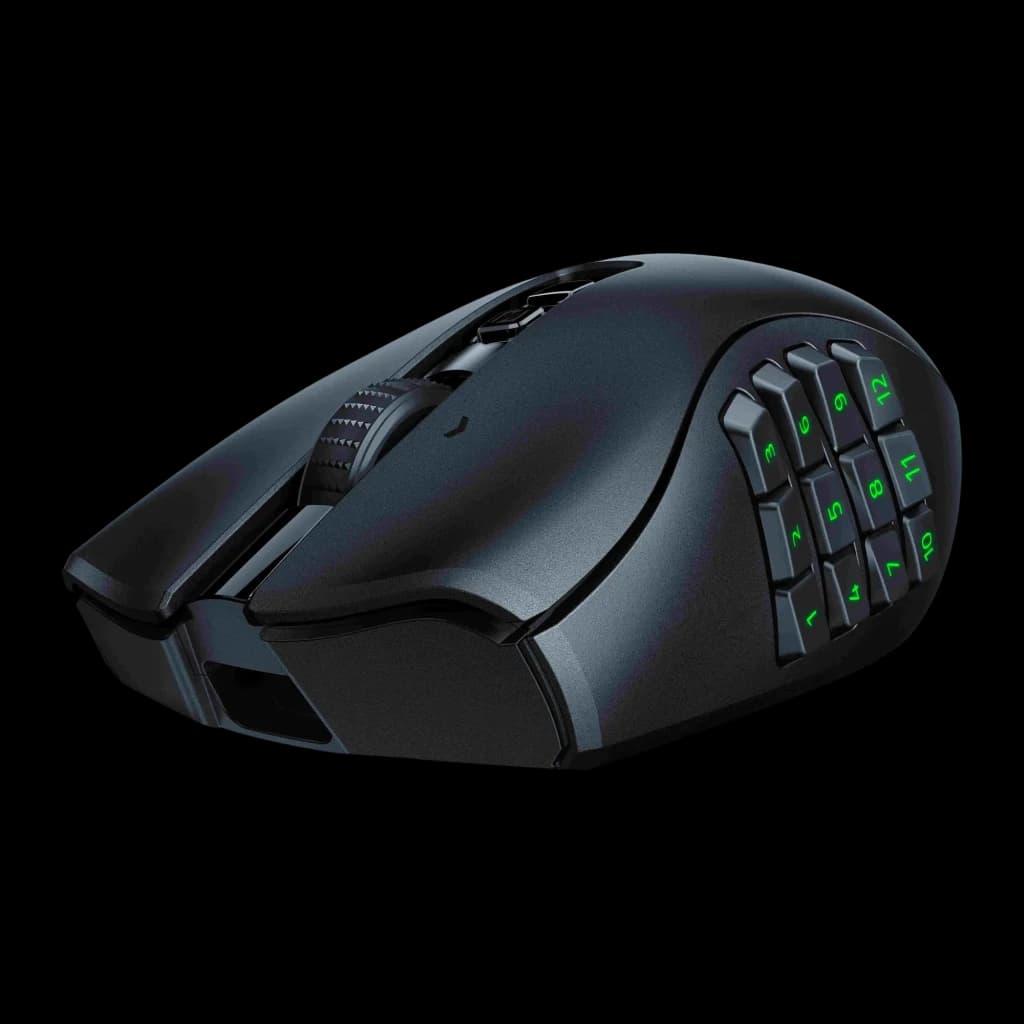 Razer Naga V2 Hyperspeed noir, vue latérale gauche: panneau de 12 boutons avec rétroéclairage vert visible