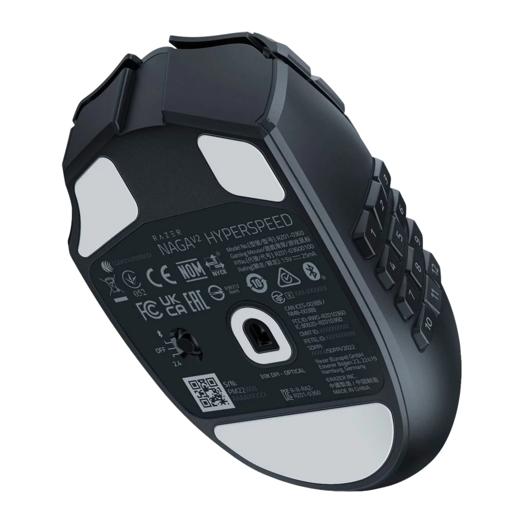 Razer Naga V2 Hyperspeed preto, vista superior: painel lateral com 12 botões, roda e LED verde central - Item1