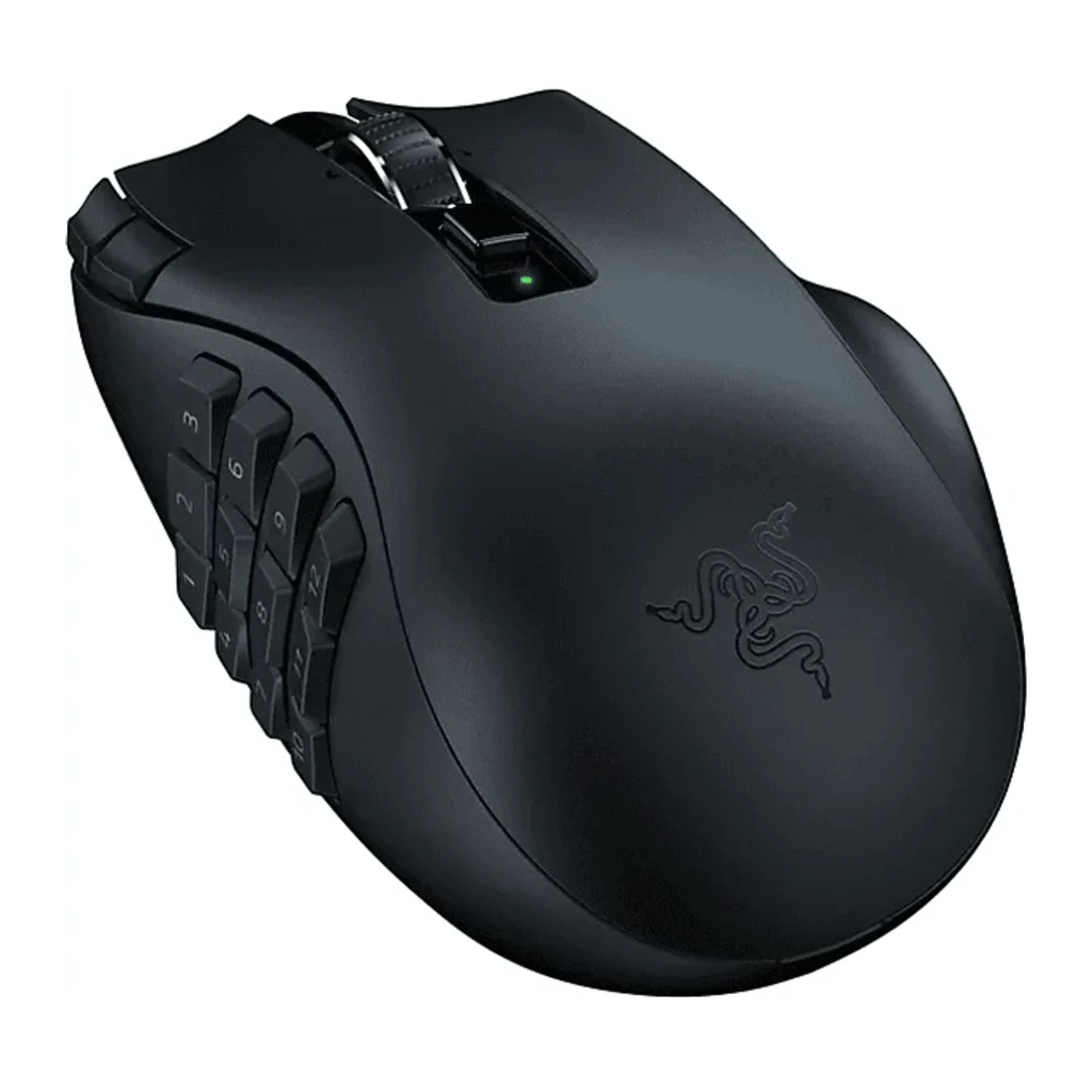 Razer Naga V2 Hyperspeed preto, vista superior: painel lateral com 12 botões, roda e LED verde central - Item2
