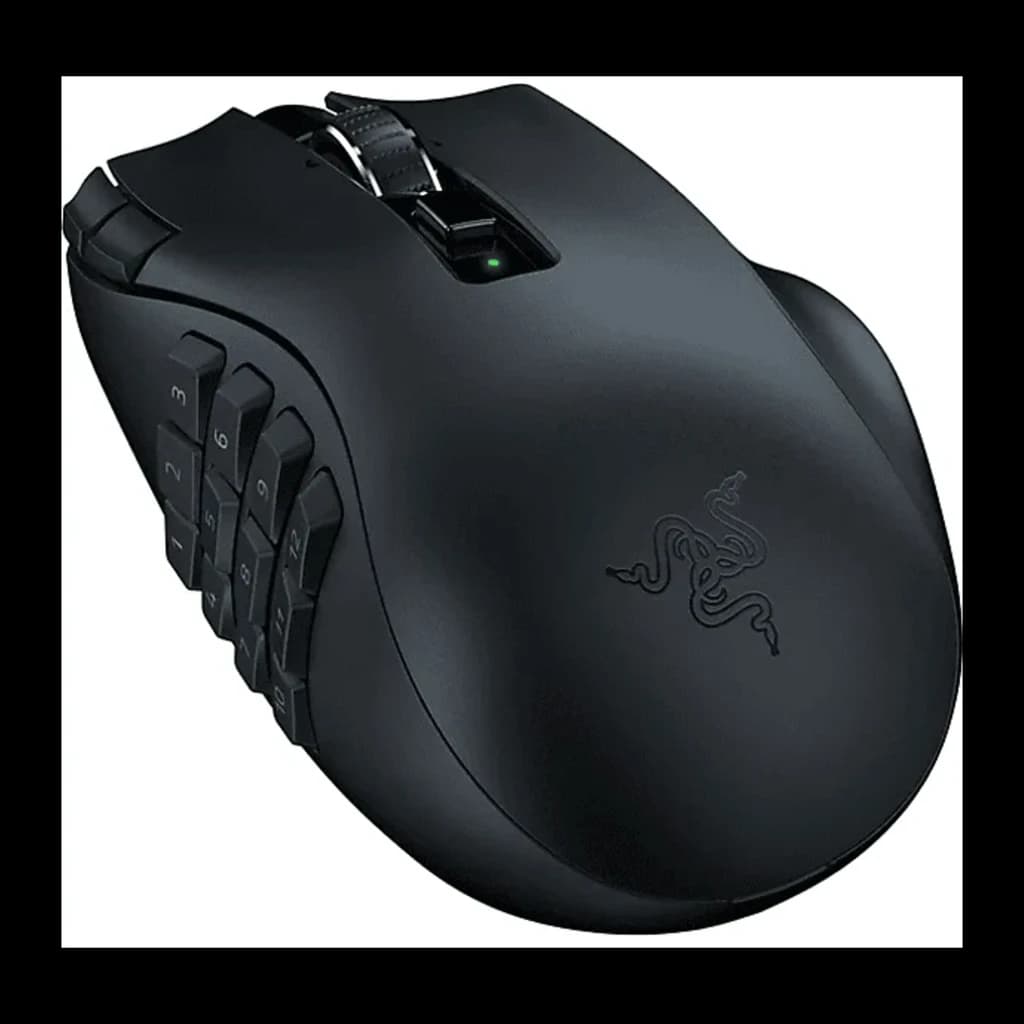 Razer Naga V2 Hyperspeed noir, vue latérale gauche: pavé de 12 boutons numérotés, logo serpent et LED verte