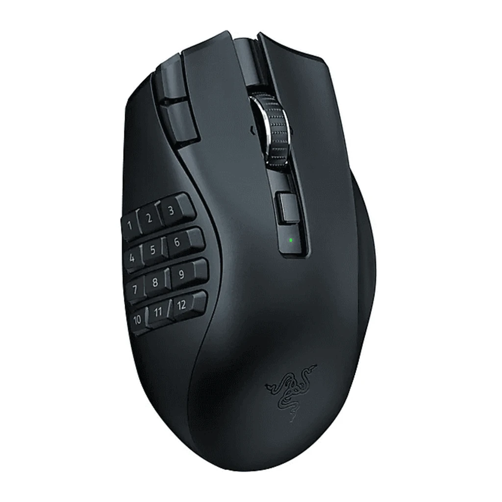 Razer Naga V2 Hyperspeed preto, vista superior: painel lateral com 12 botões, roda e LED verde central - Item3