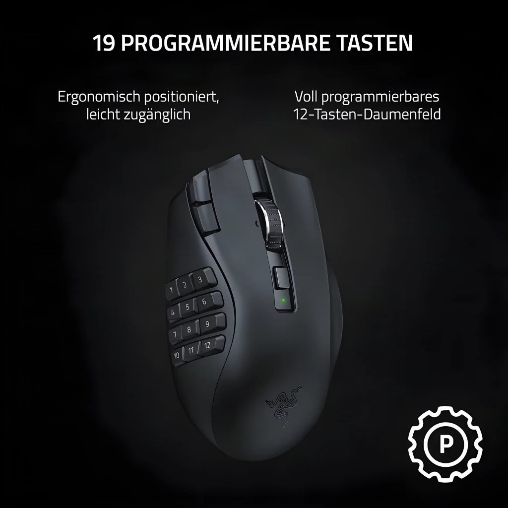 Razer Naga V2 Hyperspeed preto, vista superior: painel lateral com 12 botões, roda e LED verde central - Item6