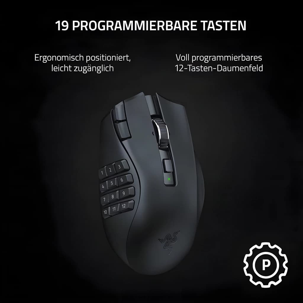 Razer Naga V2 Hyperspeed noir, vue latérale gauche: pavé 12 touches pour le pouce et 19 boutons programmables mis en avant