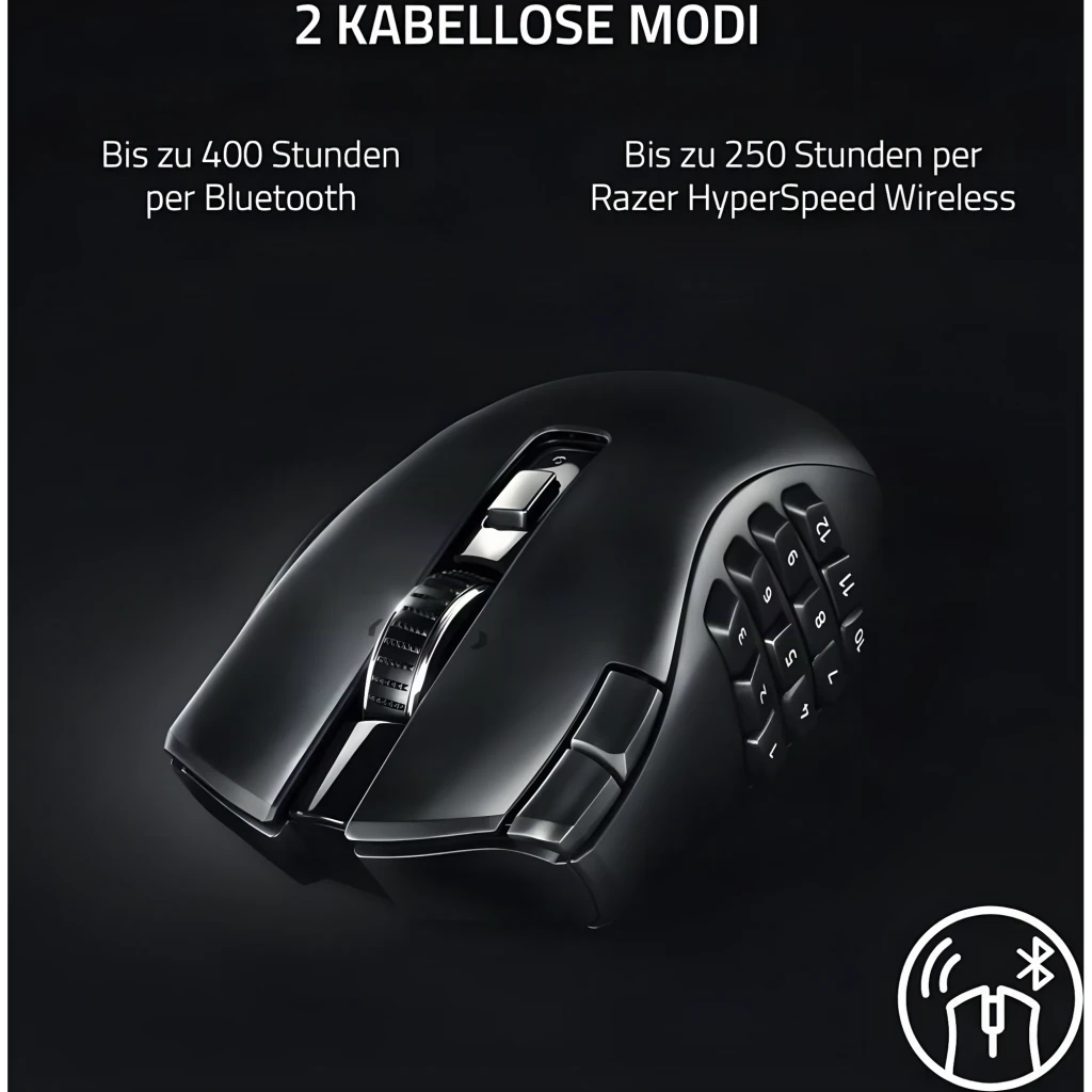 Razer Naga V2 Hyperspeed preto, vista superior: painel lateral com 12 botões, roda e LED verde central - Item7