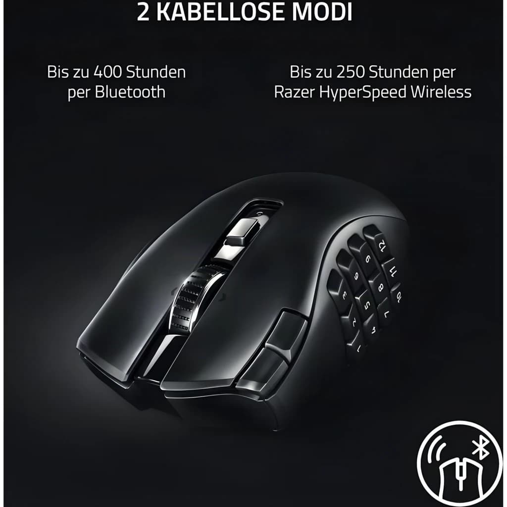 Razer Naga V2 Hyperspeed noir, vue latérale: pavé de 12 boutons latéraux et deux modes sans fil Bluetooth et HyperSpeed