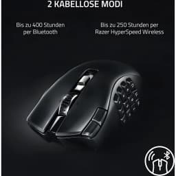 Razer Naga V2 Hyperspeed noir, vue latérale: pavé de 12 boutons latéraux et deux modes sans fil Bluetooth et HyperSpeed