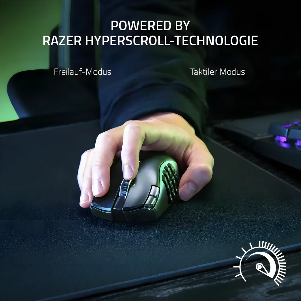 Razer Naga V2 Hyperspeed preto, vista superior: painel lateral com 12 botões, roda e LED verde central - Item8