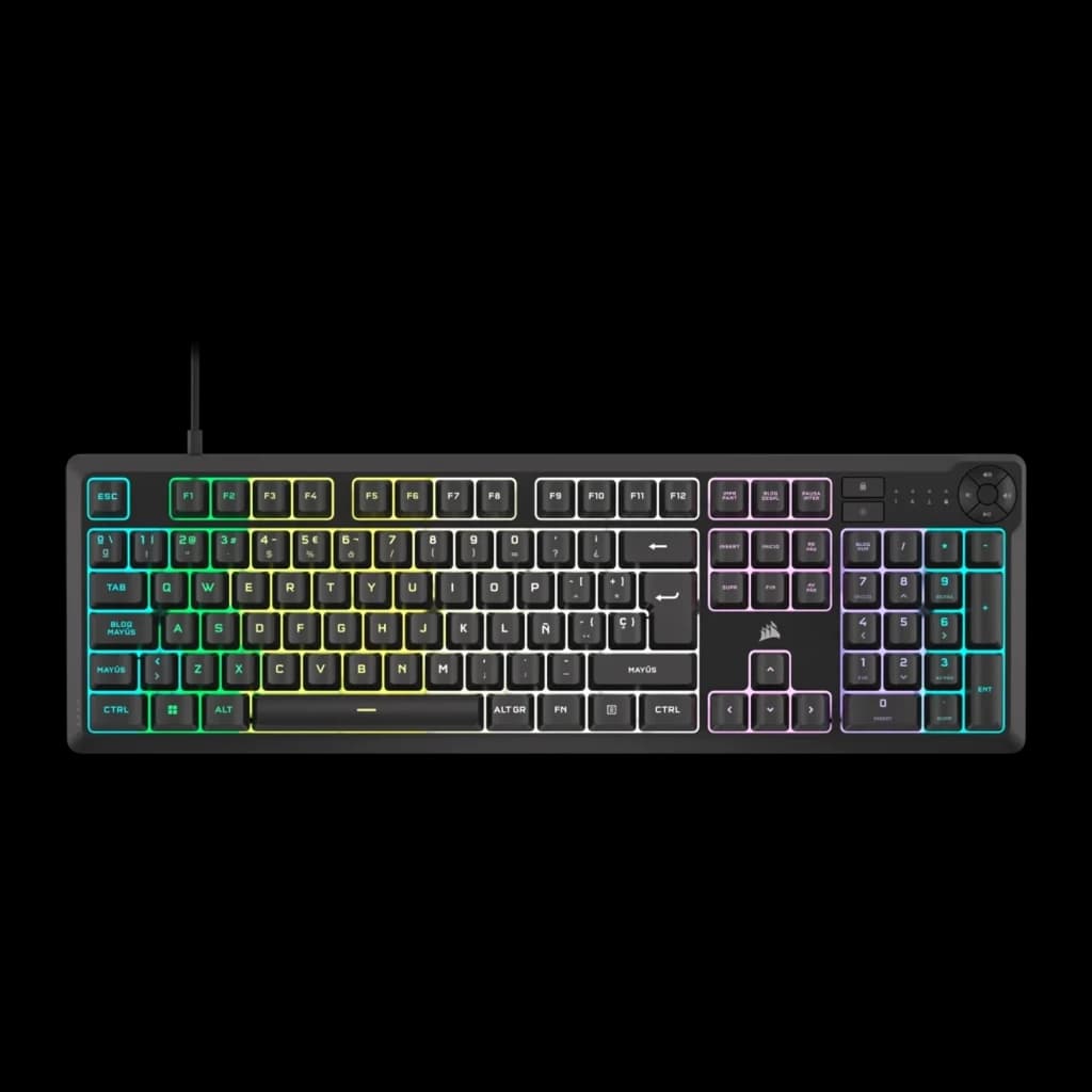 Corsair Clavier K55 Core noir, vue de dessus: rétroéclairage RGB multicolore et disposition espagnole avec pavé numérique