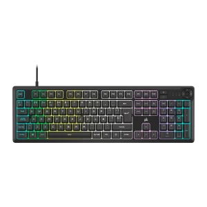 Corsair Clavier K55 Core noir, vue de dessus: rétroéclairage RGB multicolore et disposition espagnole avec pavé numérique