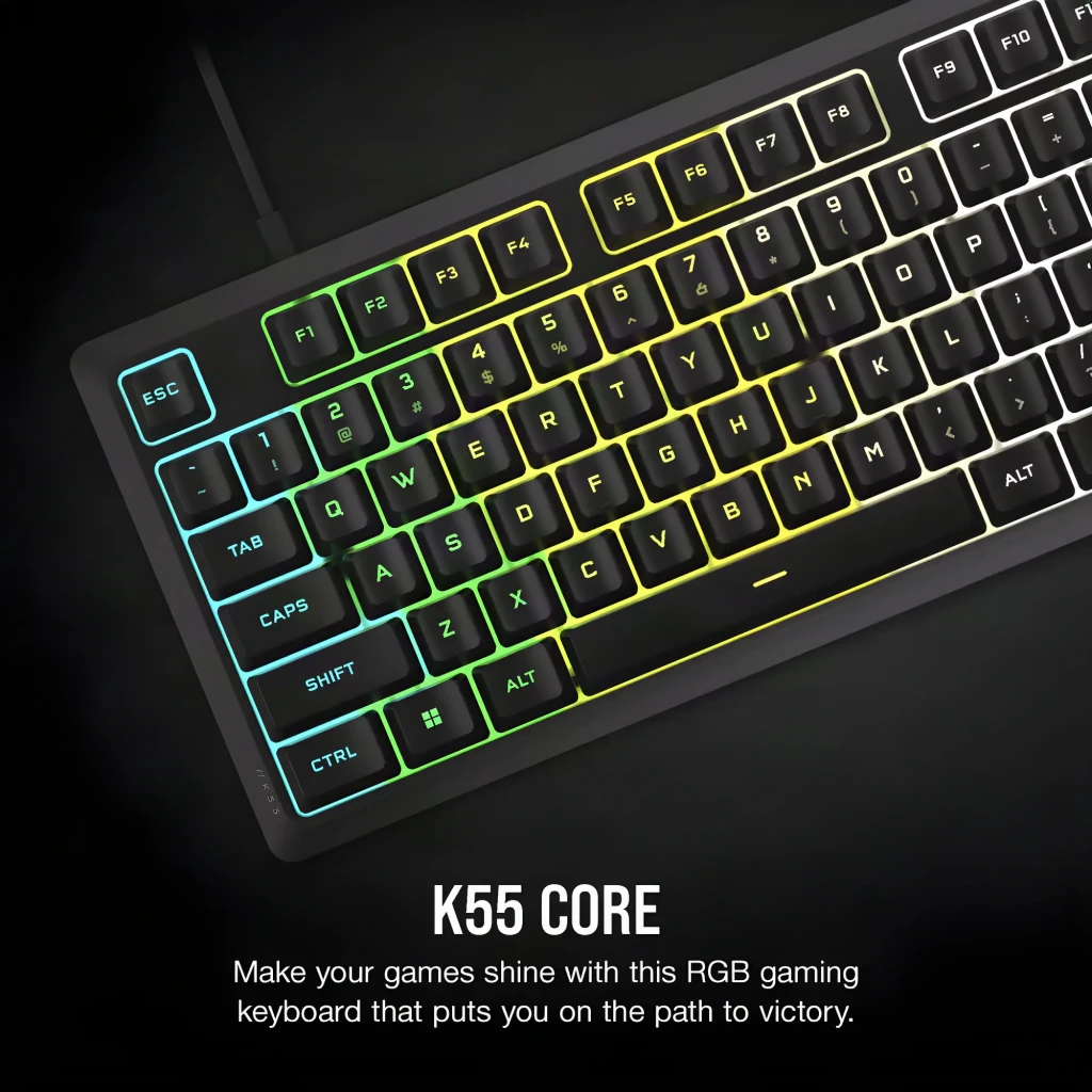 Corsair Clavier K55 Core noir, vue de dessus: rétroéclairage RGB multicolore et disposition espagnole avec pavé numérique - Ítem4