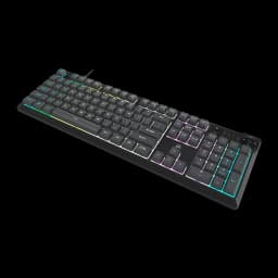 Corsair Clavier K55 Core noir, vue en perspective: rétroéclairage RGB multicolore sur les touches et repose-poignet