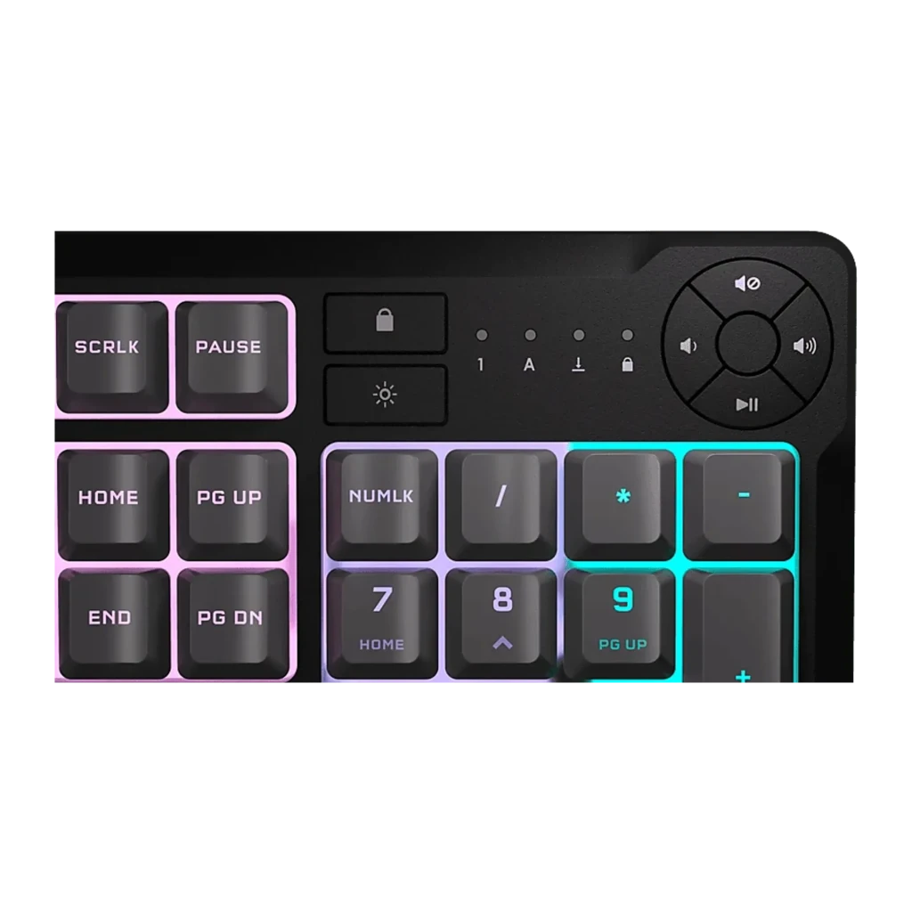 Corsair Clavier K55 Core noir, vue de dessus: rétroéclairage RGB multicolore et disposition espagnole avec pavé numérique - Ítem5