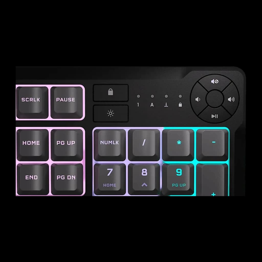 Corsair Clavier K55 Core Noir, détail zone droite: pavé numérique rétroéclairé RGB rose, violet et cyan et molette multimédia