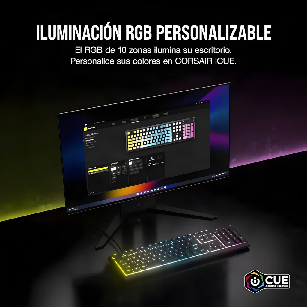 Corsair Clavier K55 Core noir, vue de dessus: rétroéclairage RGB multicolore et disposition espagnole avec pavé numérique - Ítem6