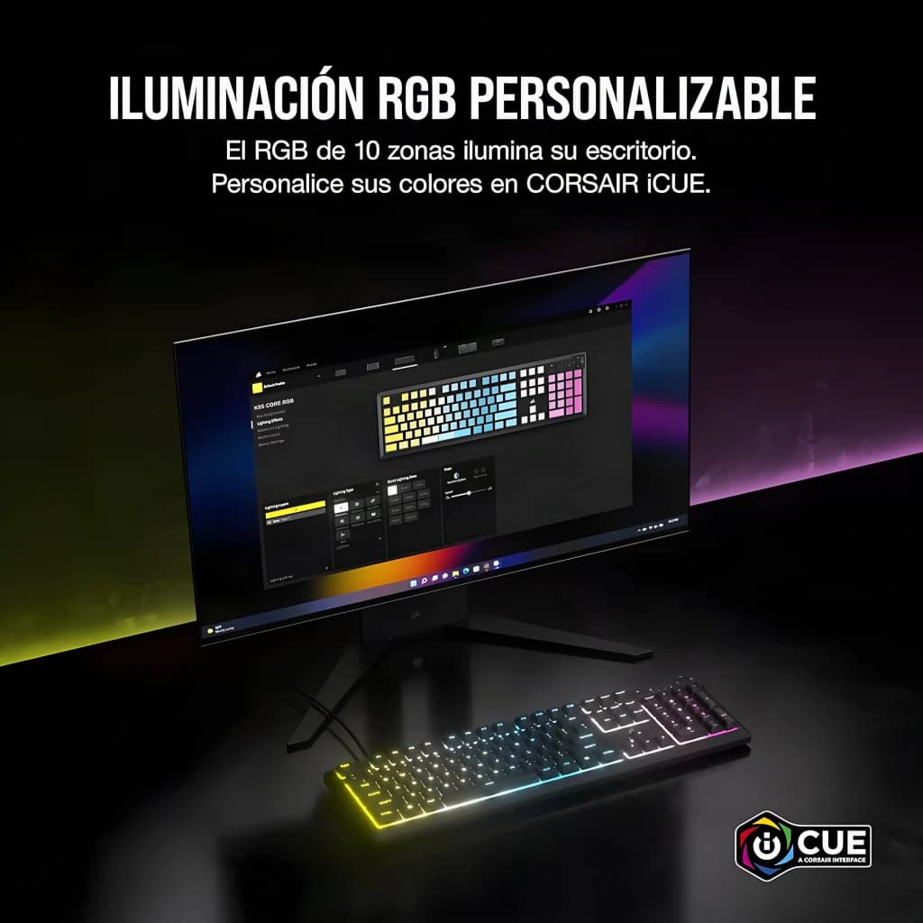 Corsair Clavier K55 Core noir, lifestyle: éclairage RGB 10 zones personnalisable avec logiciel iCUE sur moniteur
