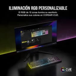 Corsair Clavier K55 Core noir, lifestyle: éclairage RGB 10 zones personnalisable avec logiciel iCUE sur moniteur