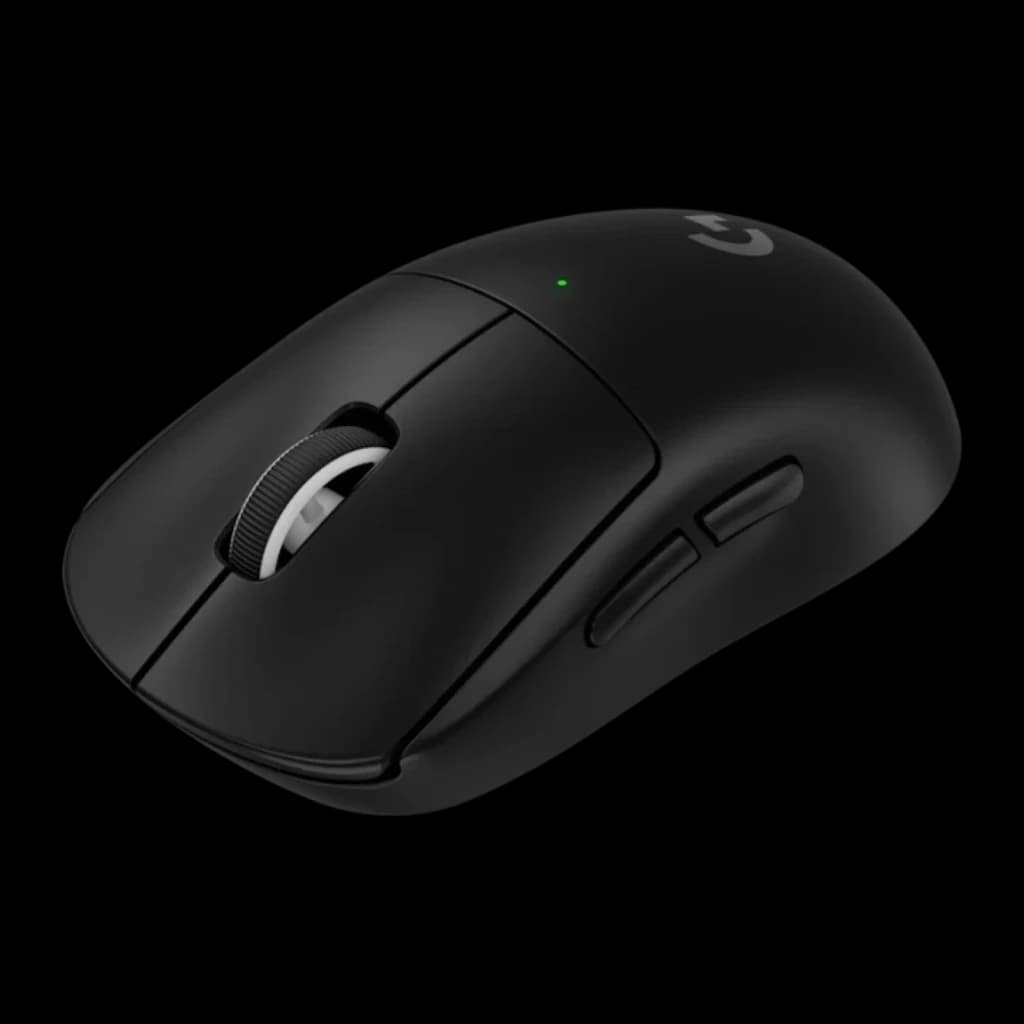 Logitech Rato Pro X Superlight 2 SE preto, vista superior oblíqua: corpo mate, roda branca, LED verde e botões laterais
