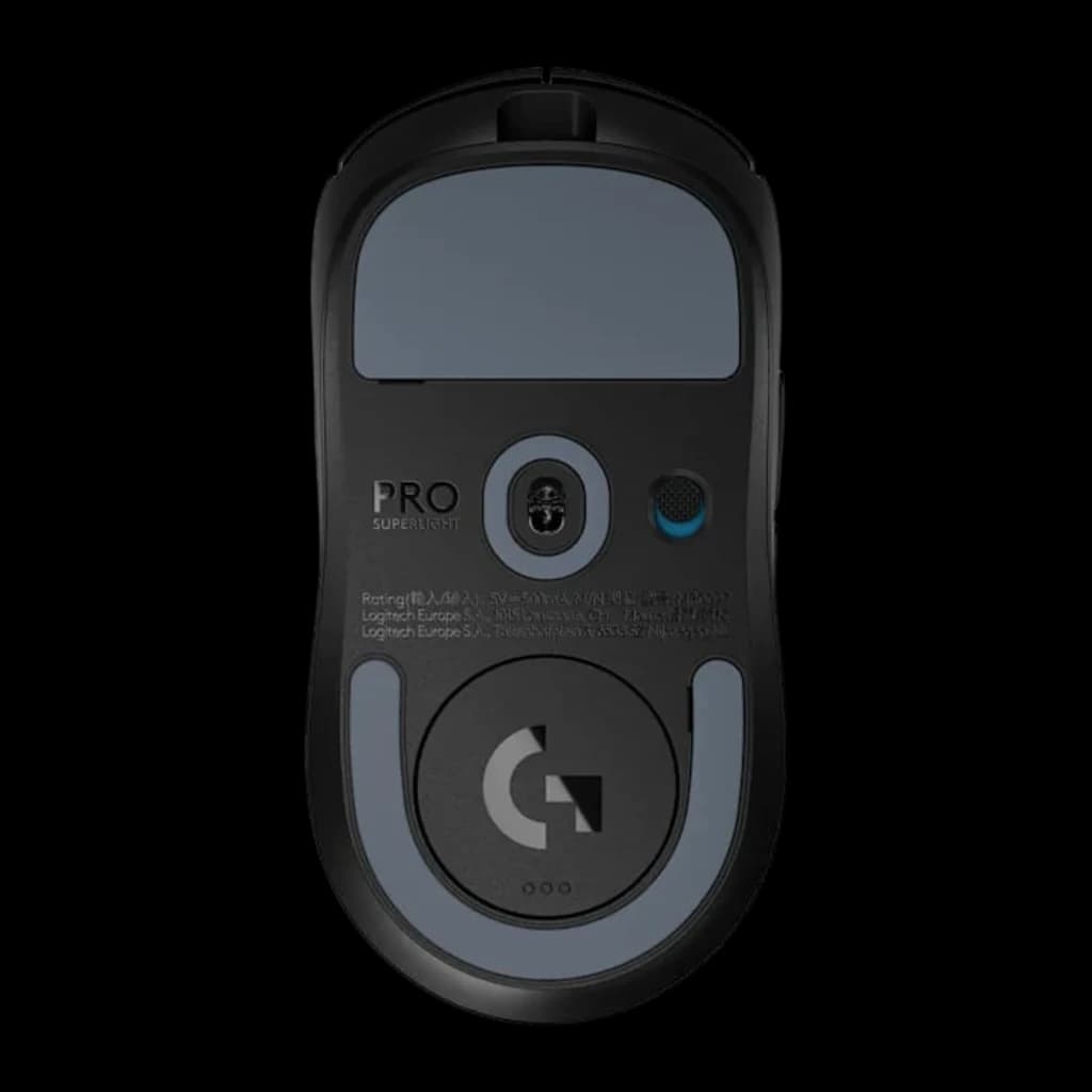Logitech Rato Pro X Superlight 2 SE preto, vista inferior: sensor óptico, logo G, patins cinzentos e botão de energia