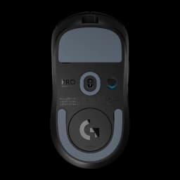 Logitech Rato Pro X Superlight 2 SE preto, vista inferior: sensor óptico, logo G, patins cinzentos e botão de energia