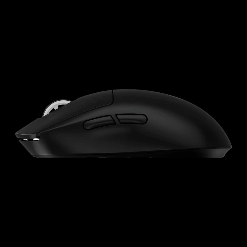 Logitech Rato Pro X Superlight 2 SE Preto, vista lateral: perfil ergonómico, roda prateada e dois botões laterais