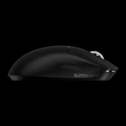 Logitech Rato Pro X Superlight 2 SE Preto, vista lateral: perfil ergonómico, roda prateada e inscrição SUPERLIGHT