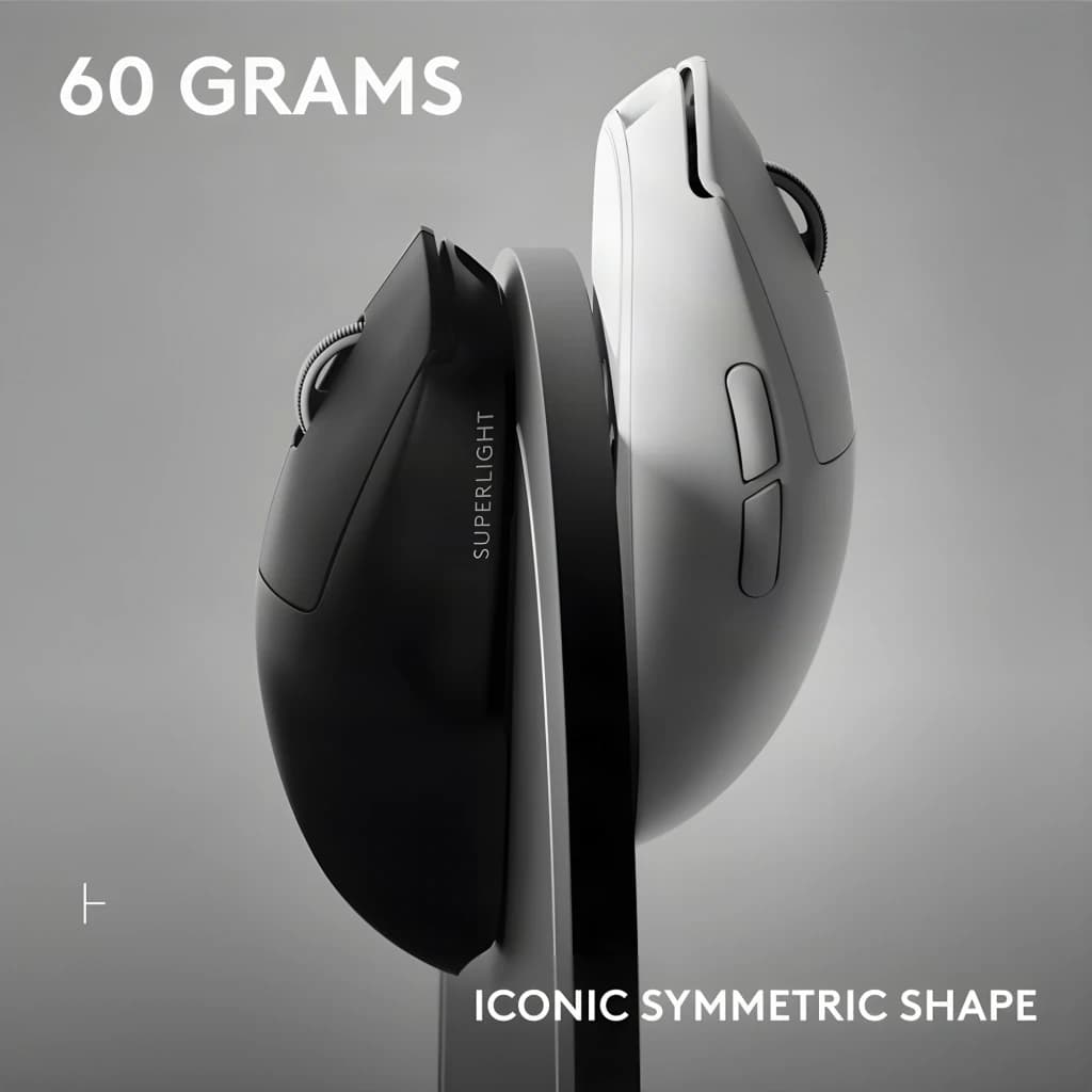 Logitech Rato Pro X Superlight 2 SE preto, comparação lateral: versão preta e branca mostrando forma simétrica e peso de 60g