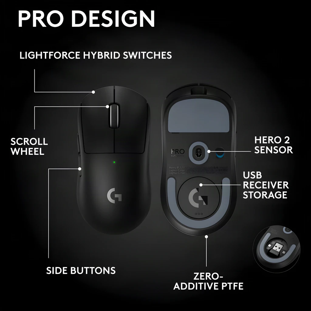 Logitech Ratón Pro X Superlight 2 SE negro, vista superior: rueda central, LED verde y logo G plateado - Ítem7