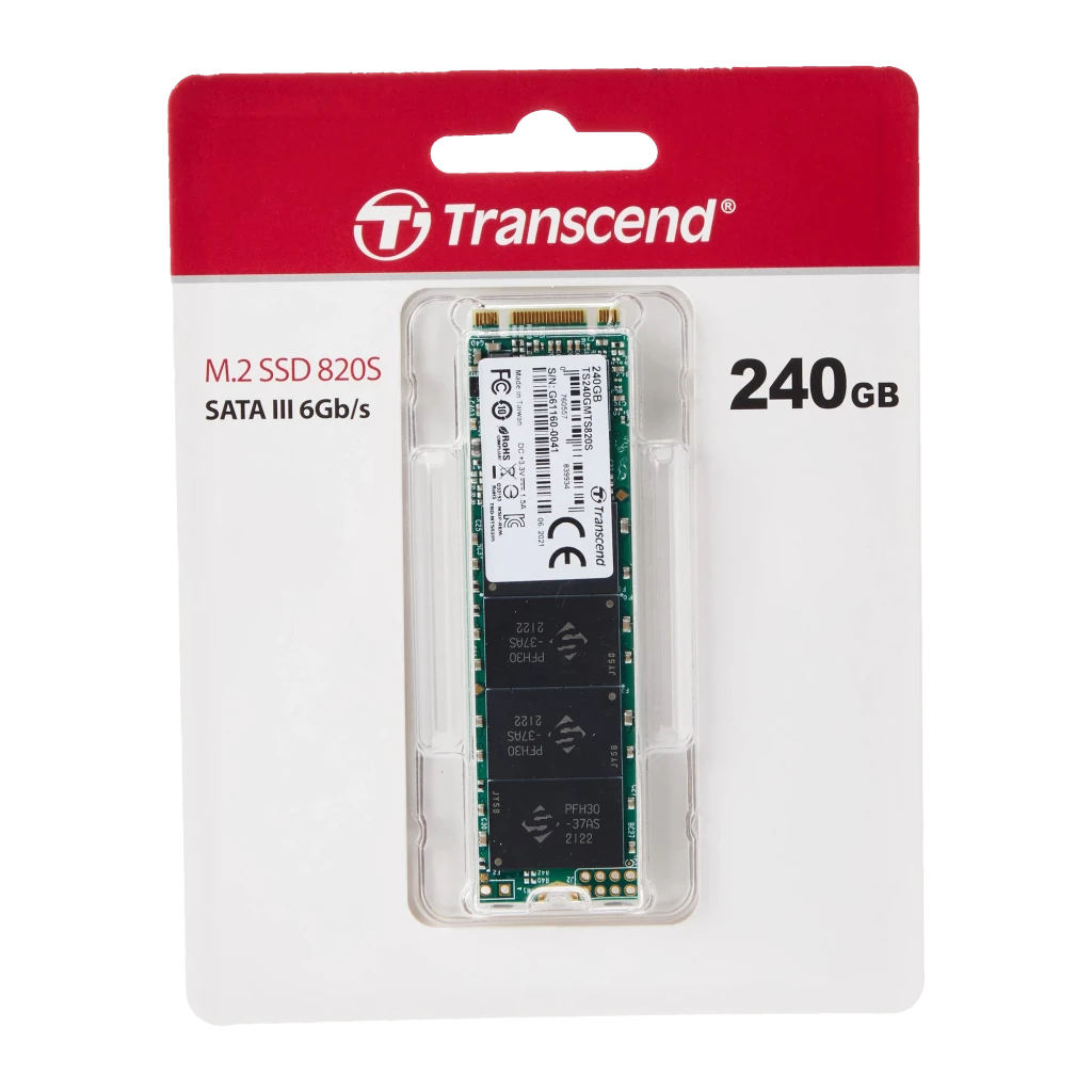 Transcend MTS820 240GB M.2 SSD, vista frontal em ângulo: PCB verde com 4 chips NAND e conector dourado - Item2