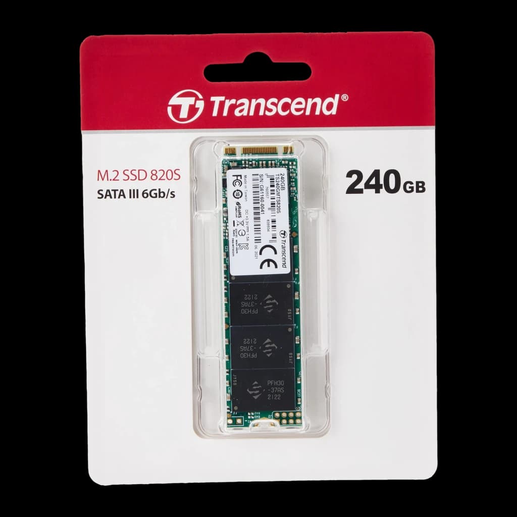 Transcend MTS820 240GB M.2, embalagem: SSD em blister com caixa vermelha, chips NAND visíveis e especificação SATA III 6Gb/s