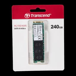 Transcend MTS820 240GB M.2, embalagem: SSD em blister com caixa vermelha, chips NAND visíveis e especificação SATA III 6Gb/s