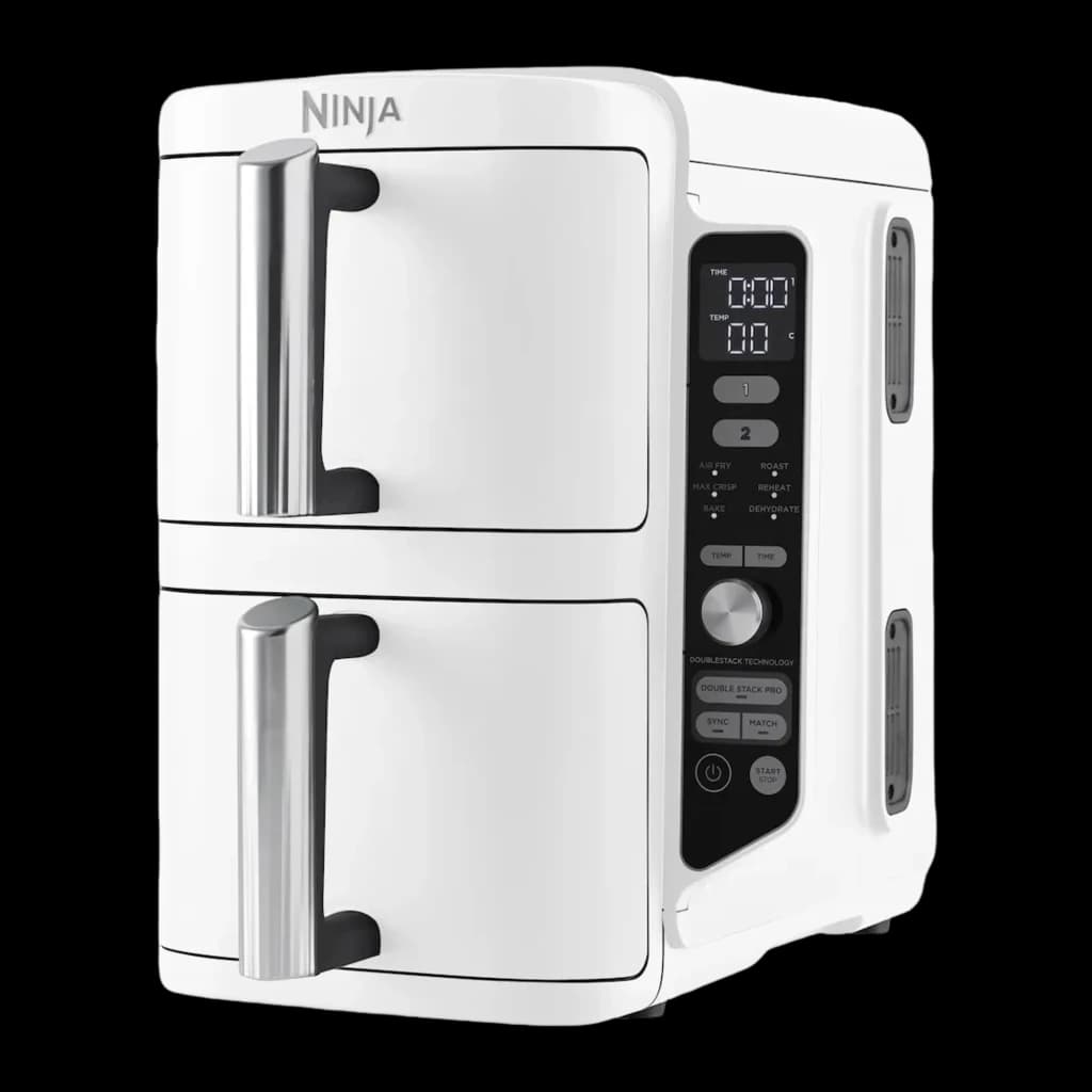 Ninja Double Stack XL SL400EUWH blanco, vista en ángulo: dos cajones cerrados con asas plateadas y panel de control lateral