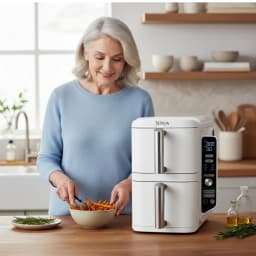 Ninja Double Stack XL SL400EUWH blanco, uso en cocina: mujer sirve patatas fritas junto a la freidora de dos niveles