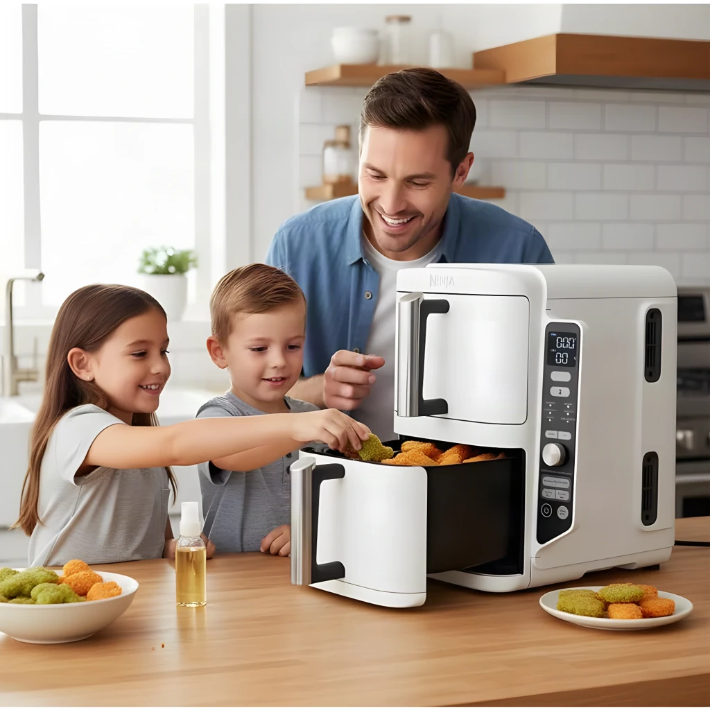 Ninja Double Stack XL SL400EUWH blanco, vista en ángulo: dos cajones cerrados con asas plateadas y panel de control lateral - Ítem3