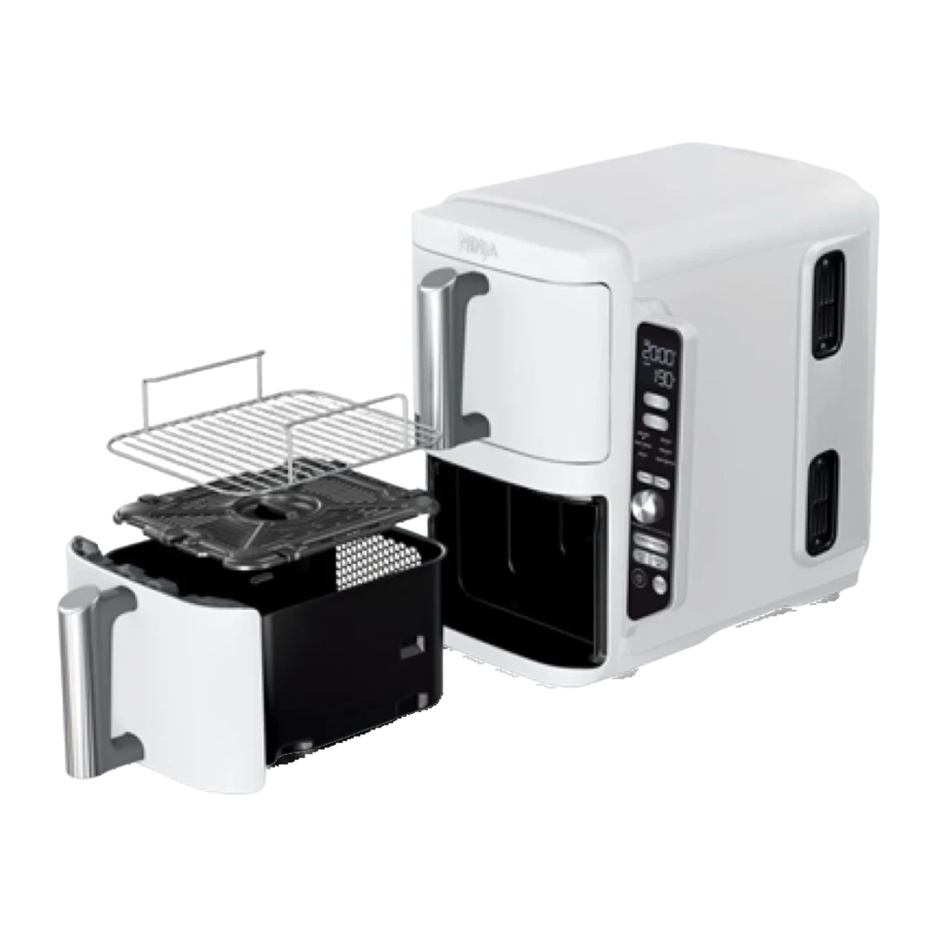 Ninja Double Stack XL SL400EUWH blanco, vista en ángulo: dos cajones cerrados con asas plateadas y panel de control lateral - Ítem1